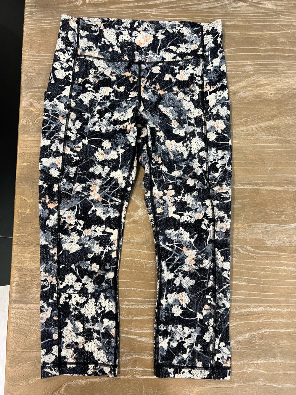 lululemon athletica Black Floral Print Leggings with Cream & Pink Accents